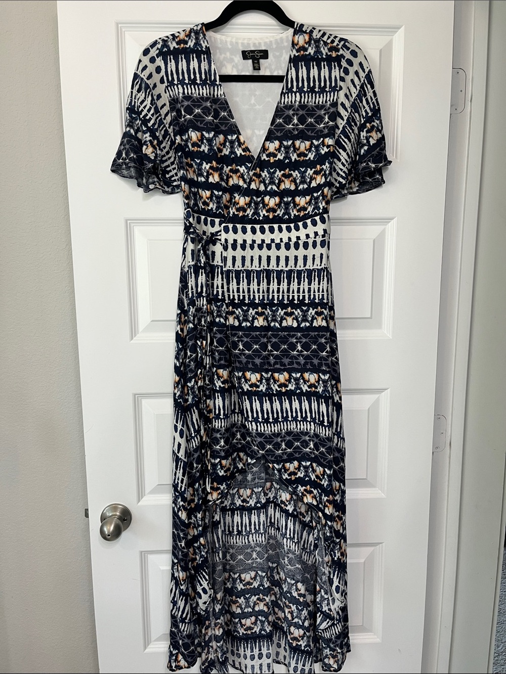 Jessica Simpson Navy, White and Tan Wrap Maxi Dress